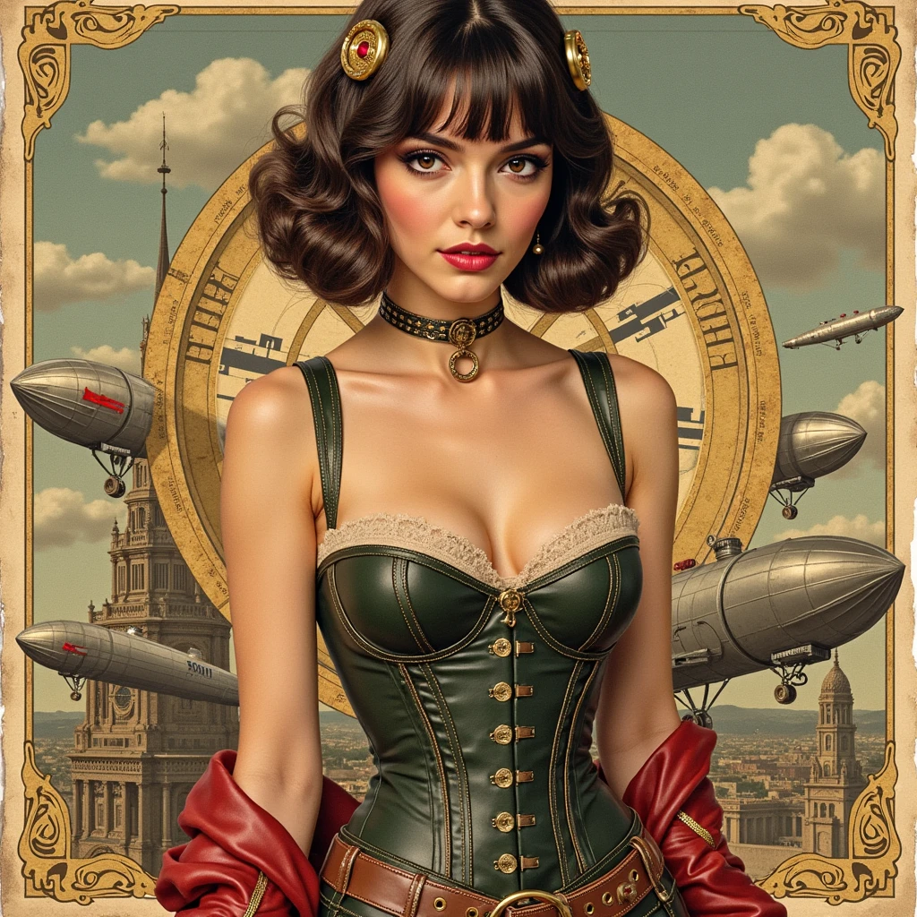 "collage art, Steampunk pinup collage as a monthly calendar — 12 women in Victorian corsets with gear accessories, in front of airships/Steam engines. each is on floating cogwheel date displays. Stil: Playboy vintage with gold embossing, Mixed-Media-Texturen (Rost, Blueprints)."**

Additional options:

    "Hajime Sorayama x Gil Elvgren Style"

    "--ar 3:4" (for calendar format)