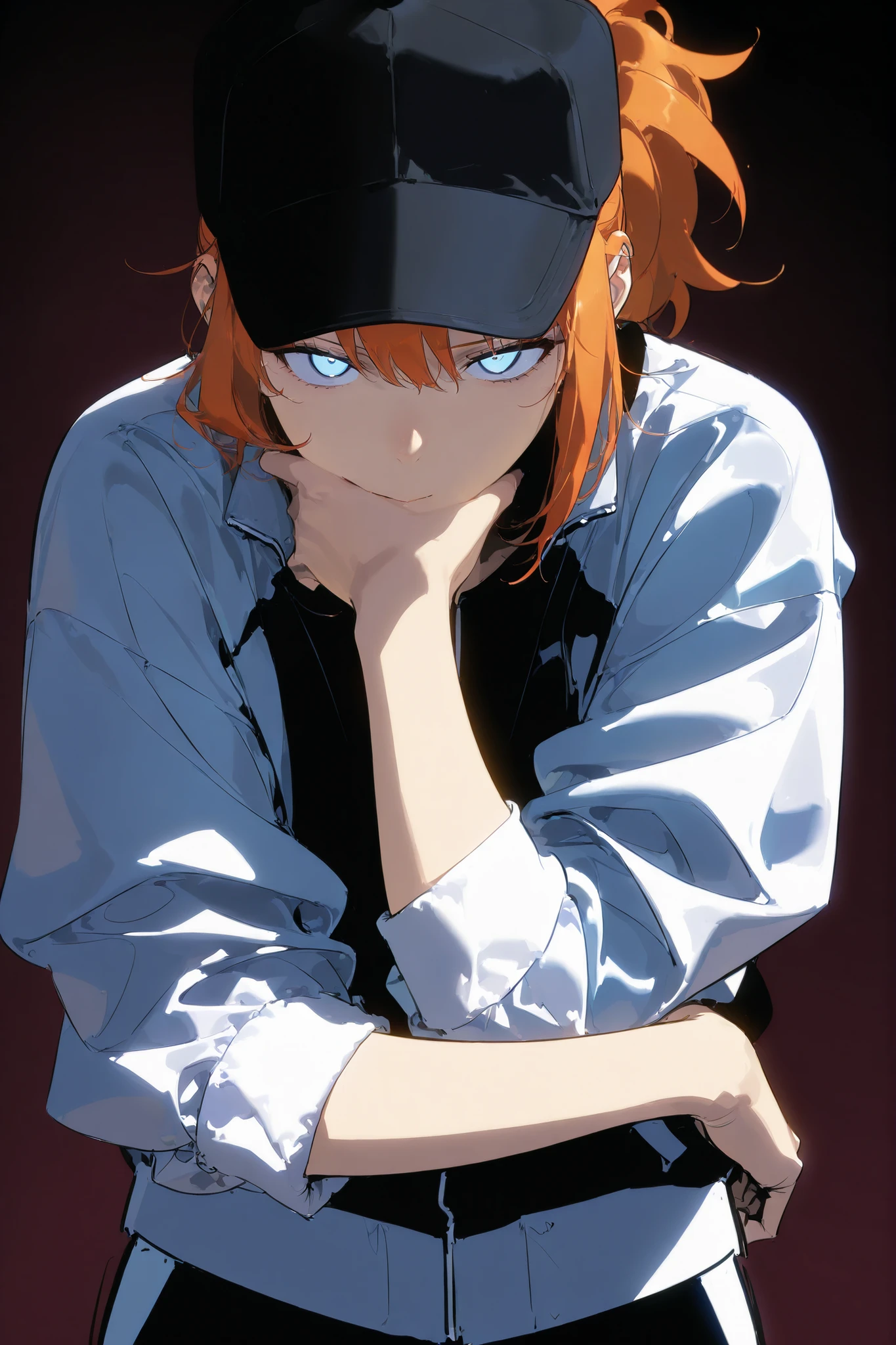 Beautifull, Athletic, alone, woman, orange hair in a ponytail, black cap, black light blue eye, white Half-closed jacket with rolled up sleeves, , intricate sketch, expressive eyes nose and mouth, simple pose, perfect Anatomy, thick line , looking down at viewer