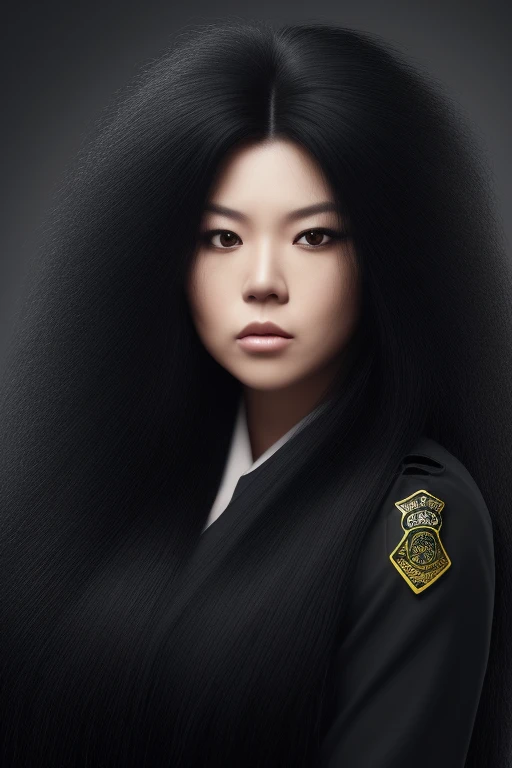 jet black hair,most very long hair,most very lion hair,most very wolf hair,most very frizzy hair,coarse hair,most very spread hairstyle,thick hair,fluffy hair,most very heavy weight hair,hair covering left eye,heavy looking hairstyle,semi-afro hairstyle,most very voluminous hair,shiny jet black hair,1 Japanese woman,female jail officer,black uniform,a heavy-looking uniform,black pants,tall woman,woman's height 2.4m,most very strong face,most very angry face,black eyes,very beautiful face,most very close-up to face,most very muscle body,show more hair,high resolution,white background