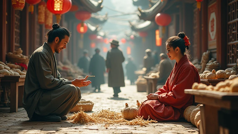 a man selling ginseng, and a woman selling cloth are sitting on the ground in the market area. while in front of them many people who turned out to be martial artists came to underestimate them.

set in ancient china