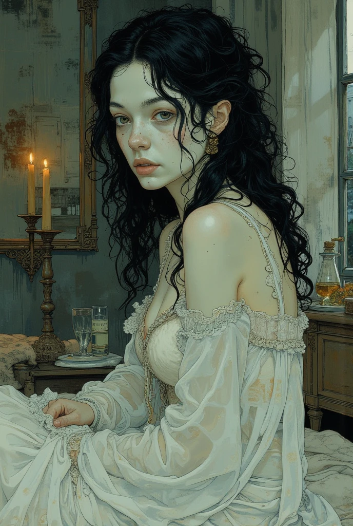 Créez un portrait de Carmilla par Sheridan Le Fanu, femme adolescente, longs cheveux frisés noirs, gothique. Elle porte une chemise de nuit transparente légère blanche laissant apercevoir ses mamelons.  Son expression est énigmatique , a blend of seduction, , and predatory hunger, as if she is both inviting and warning against her dark embrace. Small breast and deep cleveage. mamelons visibles. 19 ans. Expression sensuelle et timide. Nudité douce