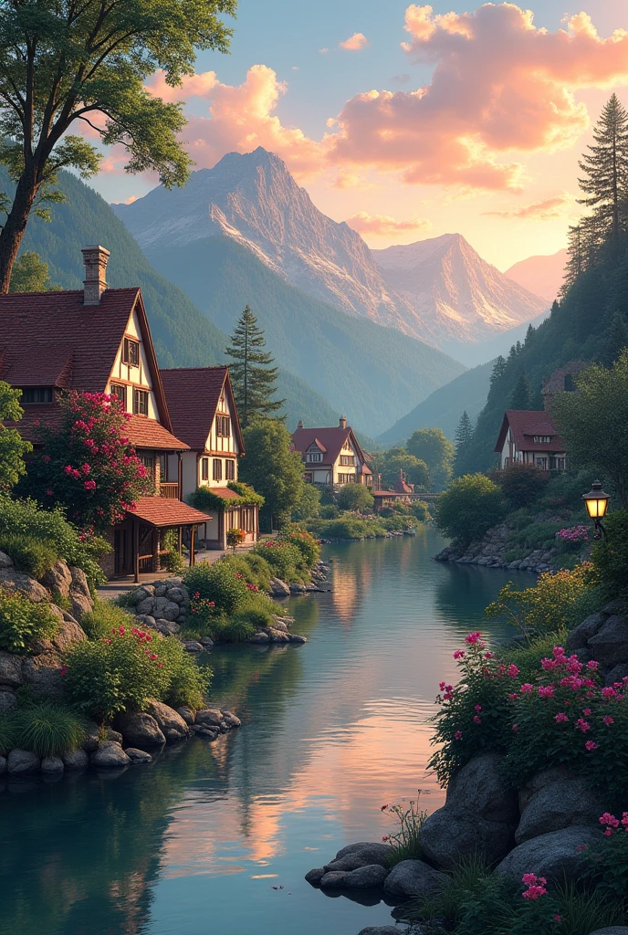 a small village by the river, mountains in the background, fleurs florales colorées,  detailed landscape , Beaux paysages naturels, atmospheric lighting, coucher de soleil brûlant, warm colors, pratique, photorealistic, Detailed foliage ,  complex buildings, Cobblestone street, Charming country house, bright swirling colors, lush vegetation,  Reflections of still water, Pittoresque, idyllique,  work of art, best quality, 8k, extremely detailed, style anime.