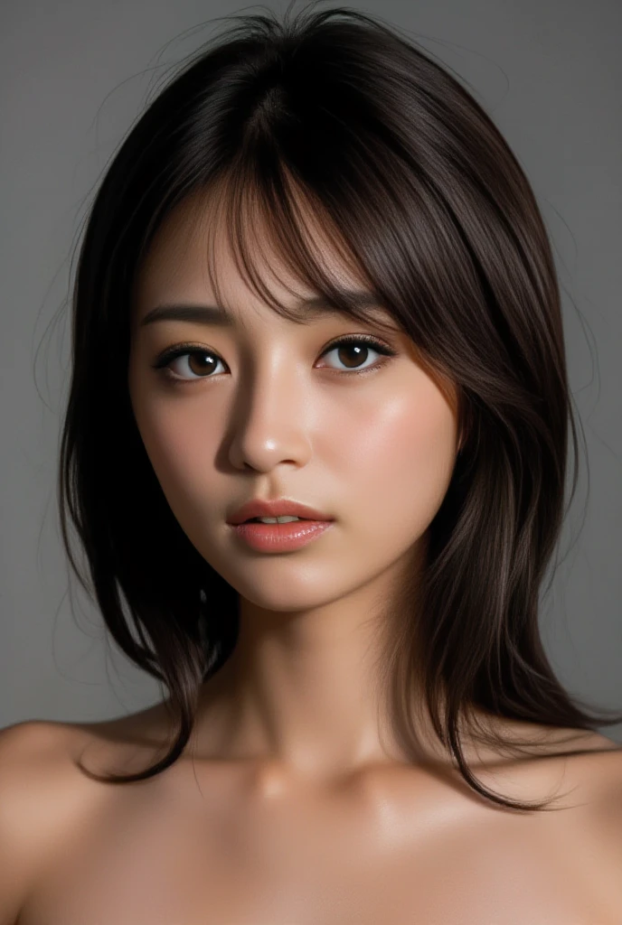 a woman with a medium height and slender physique. The focus is on her face, showcasing high cheekbones and dark brown, almond-shaped eyes. Her straight, shiny black hair is styled elegantly. The lighting should accentuate her olive skin. Capture her elegant and confident presence in the visual.Anatómicamente correcto, Obra maestra, Piel texturizada, full bodyPlano general, 