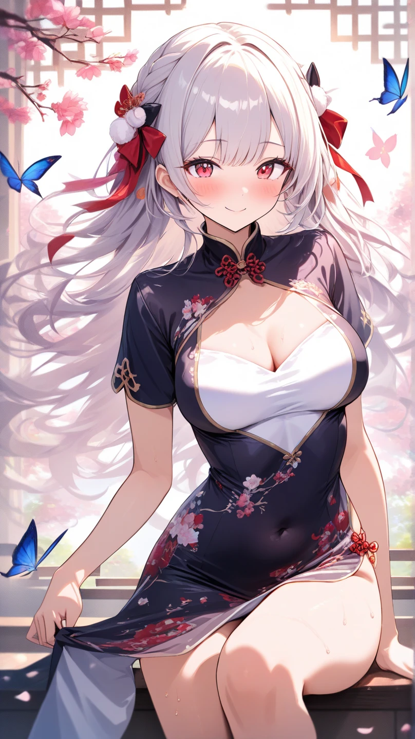 (top-quality、masterpiece、high-level image quality、Super delicate)、((a beauty girl))、(smooth dull gray hair)、(curly twintails, Long bangs)、(Braided hair)Yellow eyes like a brilliant sunset、a choker、Moderately large breasts、((Princess cheongsam dress with innocent rose motif))、(my chest is heart shaped)