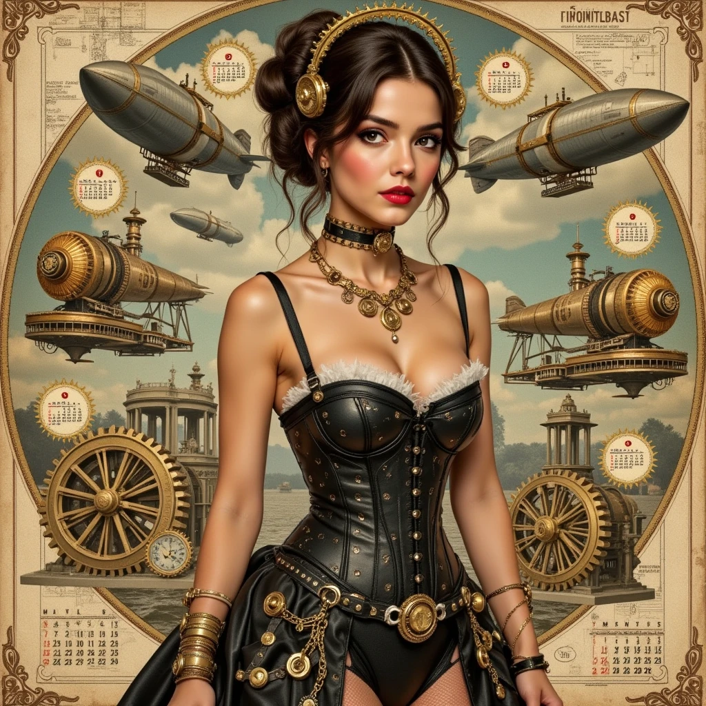 Photocollage of 12 individual images, each valid for one month, 🌟 (artistic styles)
    (retro steampunk:1.3),  (vintage pinup aesthetic:1.3),   (Playboy calendar layout:1.4),   (Mixed-Media-Collage:1.2),    (gold embossing details:1.1),
🌌 (background per month)
    (12 separate scenes:1.3), (steam engine studio:1.2), (Flying airship gondola:1.2), (cogwork:1.1), (Victorian laboratory:1.1)

😈 (Model-Design)
    (12 Steampunk-Pinups:1.4),  (corsets with gear struts:1.3),  (garters + studded stockings:1.2), (Goggles as hair accessory:1.2),
     (Mechanical arm prostheses:1.1), (smoke pipes/tools as props:1.1), 
 (Posen & interactions)
    (Playful machine operation:1.3), (Fan-danced skirts:1.2),  (Oil canisters as support:1.1),  (Steam plumes as veil:1.2), 
Calendar specifications
📅 (Monthly design),  (Each woman likes:  (Antique steam pressure numeric pad:1.3), (floating gear date display:1.2), (Typografie:
        (Engraved lettering:1.2),    (Month names with patina effect:1.1))