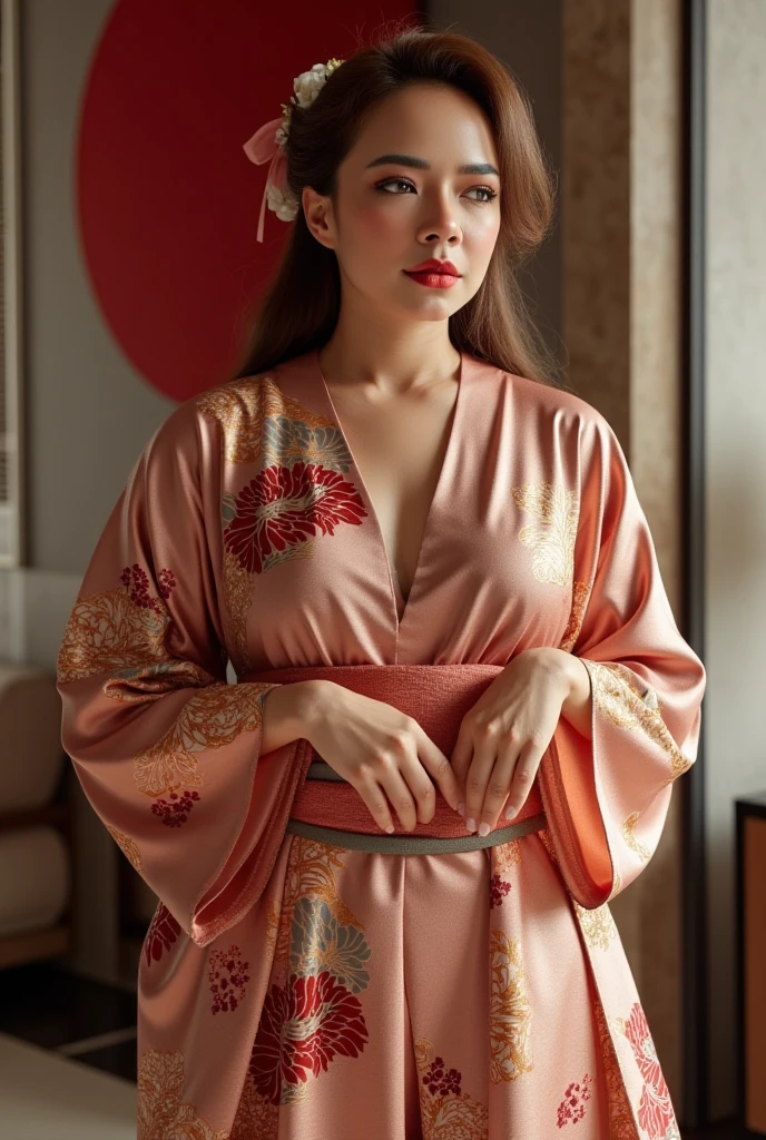 (highest quality,16k,masterpiece),Super detailed,mature woman,
blonde,straight hair,short hair,
Dressed in elaborate kimono,Detailed pattern,
big breasts,