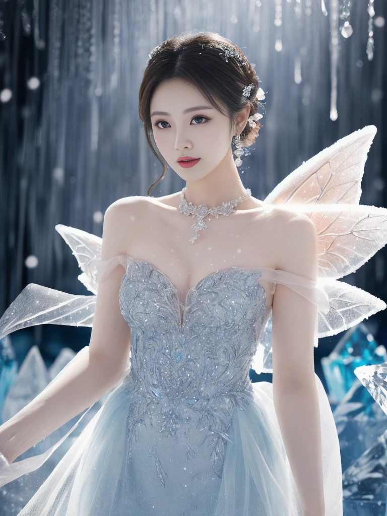1 woman, 20 years old (Sexy, detailed and beautiful face:1.2), normal breasts, wavy hair, updo, forehead, ice hair bow, beautiful eyes, ((ice wedding dress)), (shining colorful fluorescent dress effect:1.5), evil smile, Gorgeous gems and jewels, necklace, earring, bracelet, holding flowers, frozen dark cave, (upper thigh shot:1.2), (masterpiece, top quality, best quality, official art, beautiful and aesthetic:1.2), uhd, mackerel, xxmixgirl,