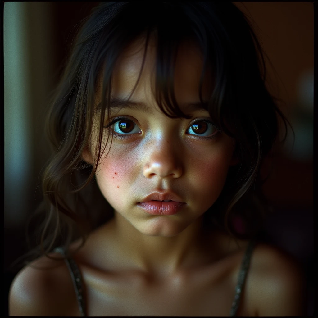A 7 year old girl, Brunetette, with short brown hair and big eyes, shrinks as some boys surround her, laughing and teasing. She tries to hold back the tears, visibly scared.