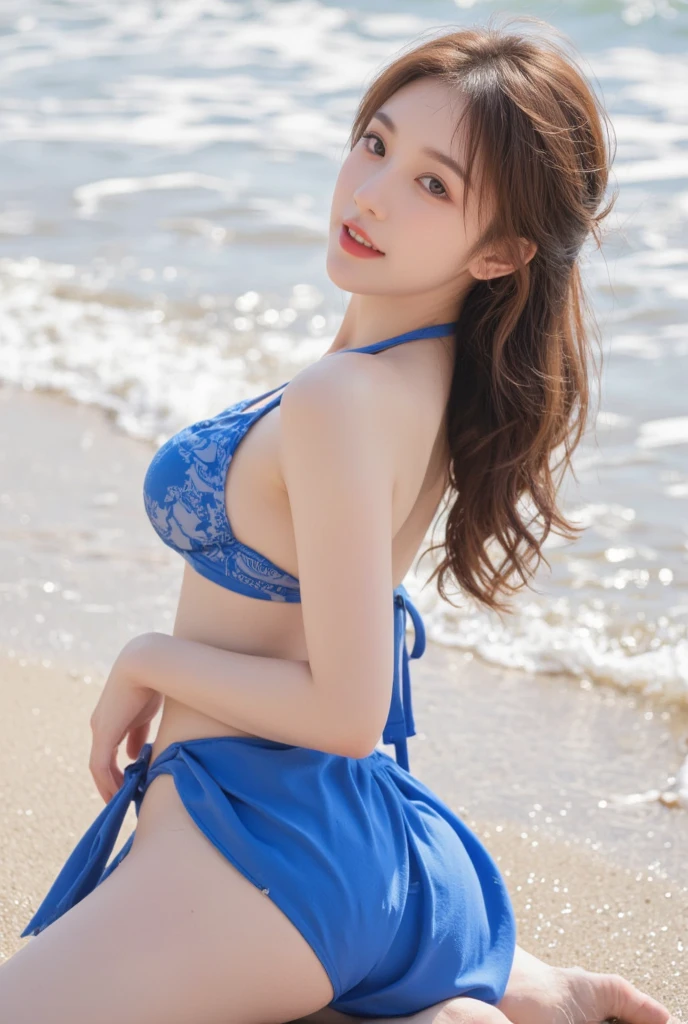 ((masterpiece)), (highest quality), 23 years old,Very detailed, finely, (High resolution), (8k), ((Perfect front view composition)), (Natural color lip),(Side short ponytail:1.3),(((On a sunny day, Shell collecting on the tidal flats, Sitting backwards on the mudflats.))), Look back at me and smile))),((Sexy Bikini)),((From the whole body to the toes:1.3)),((Perfect back view)),((Sitting on the tidelands)),((Model pose)),,((Big ribbon on thigh)),((Normal size buttocks)),,((Full and firm breasts)),(Look at me and smile),((Ample breasts))