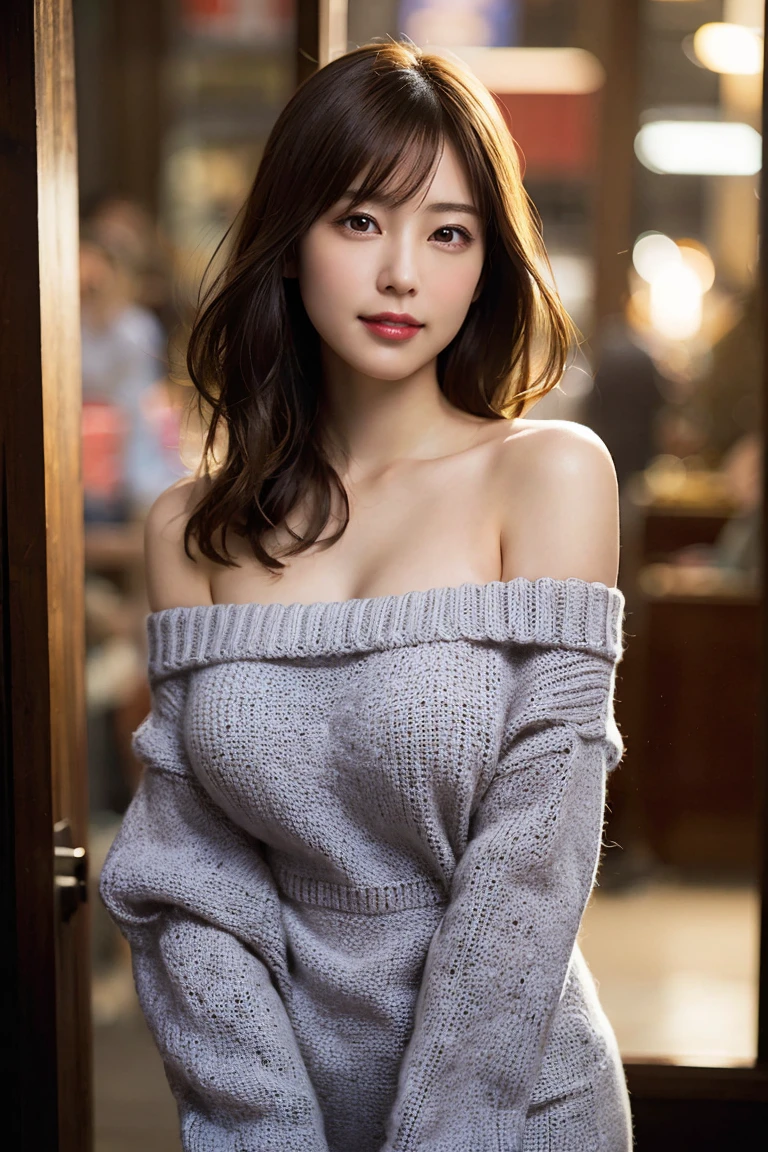 (8k、RAW Photos、top-quality、masterpiece:1.2)、(realisitic、Photorealsitic:1.37)、1人、japanes、25-years old、femele、(deep in the night)、Moon Night、a room、cityscape visible from window、High-key lighting、Studio Lighting、face lights、(Angle from the front)、photon maping、Radio City、(full bodyesbian)、(fullnude)、Dark brown hair、详细的脸、Detailed lips、detailedeyes、More skin、二重まぶた、(huge tit:1.3)、(off-the-shoulder sweater)、(((no brassiere)))、(((no panty)))、a necklace、(cammel toe)、perfectbody、shinny skin、(to stand)、((Off-Shoulder Sweater Lift:1.5))、smirking face、Make eye contact with the camera、cowboy shot