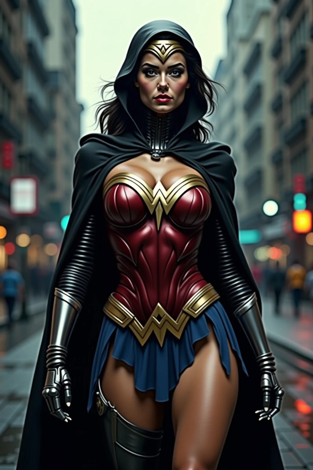 (ultra realistic,32k, masterpiece:1.2),(high detailed skin:1.1),( high quality:1.1),
1girl, black long hair, <lora:Superhero_suit:0.5>superhero bodysuit, cape,,(looking at viewer, standing, from below:1.1),, huge breast, large breast,<lora:add_detail:0.82>,(upper body:0.9), 
(neon light:1.1),destroyed city, collapsed buildings, (falling stones:1.1),  blurry background,