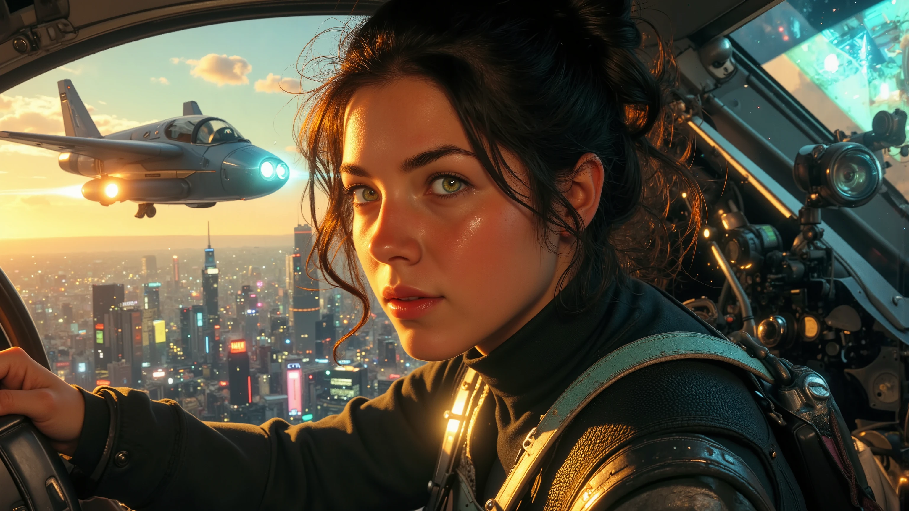 A dynamic close-up shot of a super-powered girl, her eyes glowing with energy, maneuvering a sleek, futuristic light ship in the sky. The ship is illuminated by the golden hour sunlight, casting a warm glow on her determined face. She is in a dynamic pose, hands gripping the controls, with the vast expanse of the sky and distant cityscape visible through the cockpit window. The composition is balanced, with the girl and ship at the centre, framed by the glowing sky and city lights below. ultra detailed skin with pores, horizon, sharp light and shadows, neon lights. sci-fi, cyberpunk, cityscape, panorama, ray tracing, DSLR, UHD, HDR, 16k, photorealistic, cinematic, masterpiece, award-winning