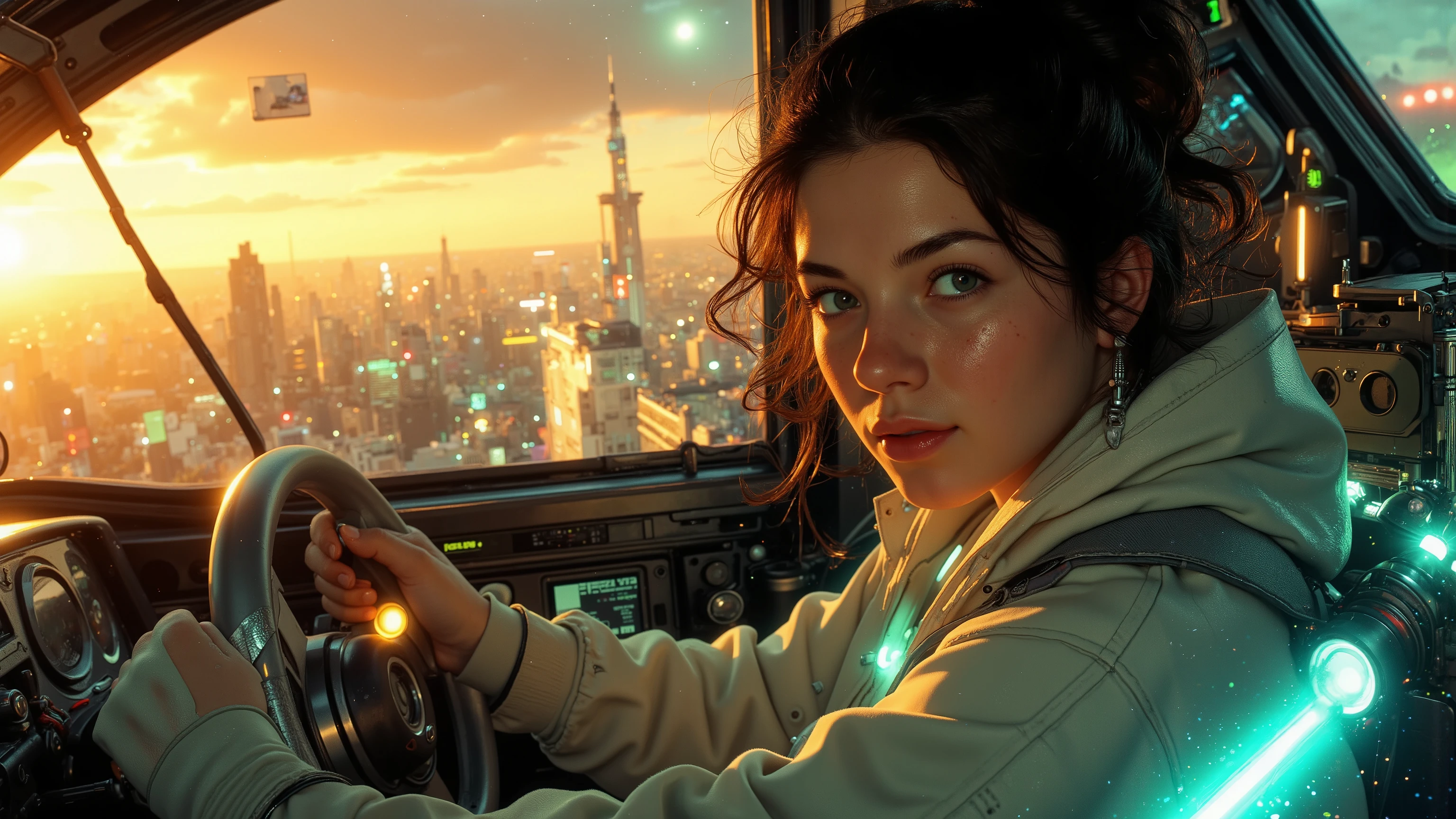 A dynamic close-up shot of a super-powered girl, her eyes glowing with energy, maneuvering a sleek, futuristic light ship in the sky. The ship is illuminated by the golden hour sunlight, casting a warm glow on her determined face. She is in a dynamic pose, hands gripping the controls, with the vast expanse of the sky and distant cityscape visible through the cockpit window. The composition is balanced, with the girl and ship at the centre, framed by the glowing sky and city lights below. ultra detailed skin with pores, horizon, sharp light and shadows, neon lights. sci-fi, cyberpunk, cityscape, panorama, ray tracing, DSLR, UHD, HDR, 16k, photorealistic, cinematic, masterpiece, award-winning