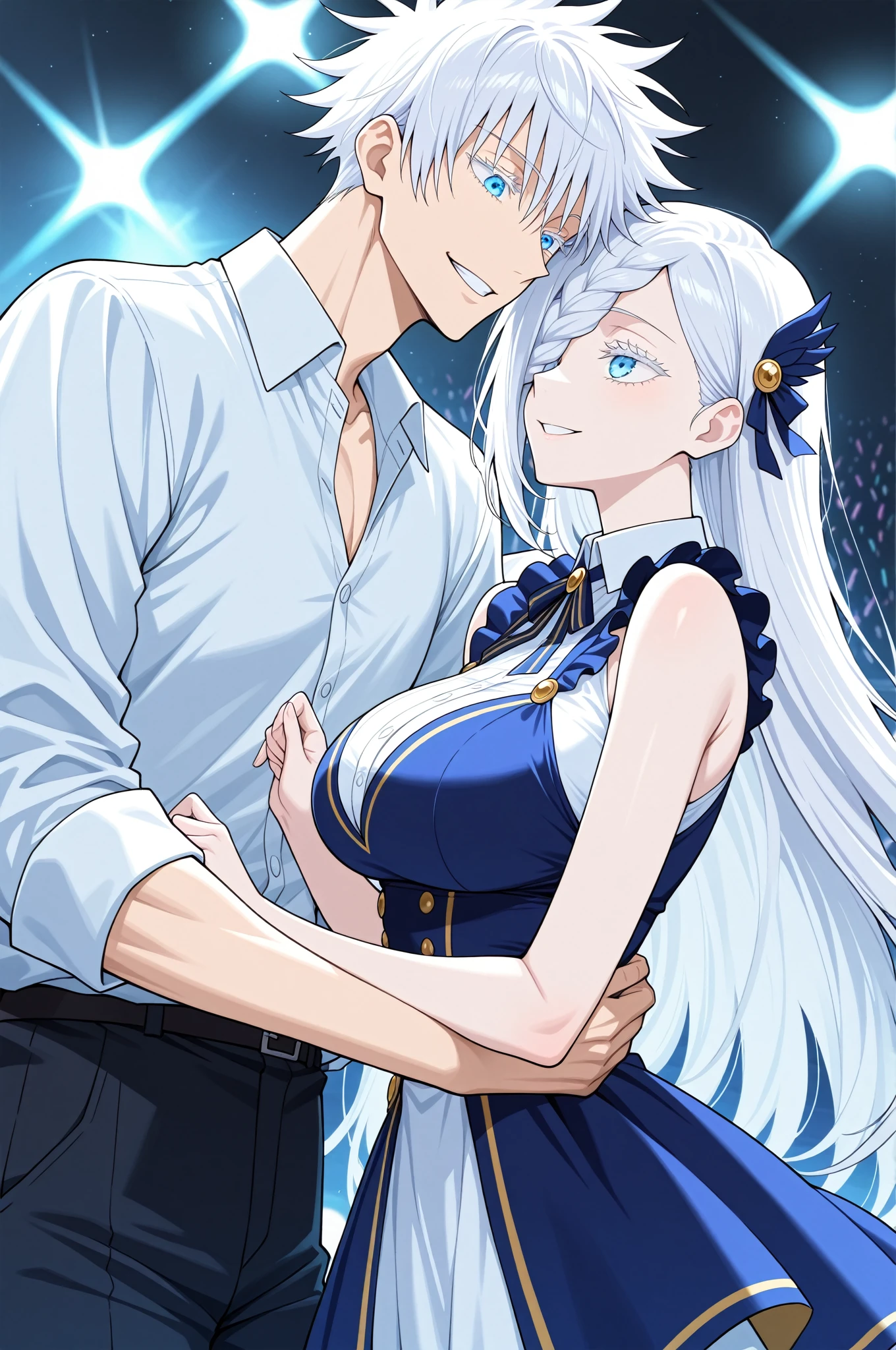 Erotic Anime Illustration、High resolution、A dark-skinned plump gal has sex with a man、beautiful eyes、Illyasviel von Einzbern、Ecstatic smile、Overwhelming huge breasts that go beyond common sense、thick legs with fat、perfect proportions、cowboy shot、adult style、Japan furisode kimono、knee socks、expose the vagina
