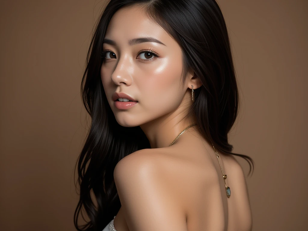 highly detailed, 8k, masterpiece, 1woman, black_wavy_hair, nude, close-up, from_below, ((on_back)), ornate, intricate, dramatic lighting, 4k, detailed_background, caustics, full_body, ((in the style of metart)) half-asian, mixed asian-european, bronze skin ((film grain, soft lens, 35mm, nikon)) half-asian, mixed asian-european, bronze skin,