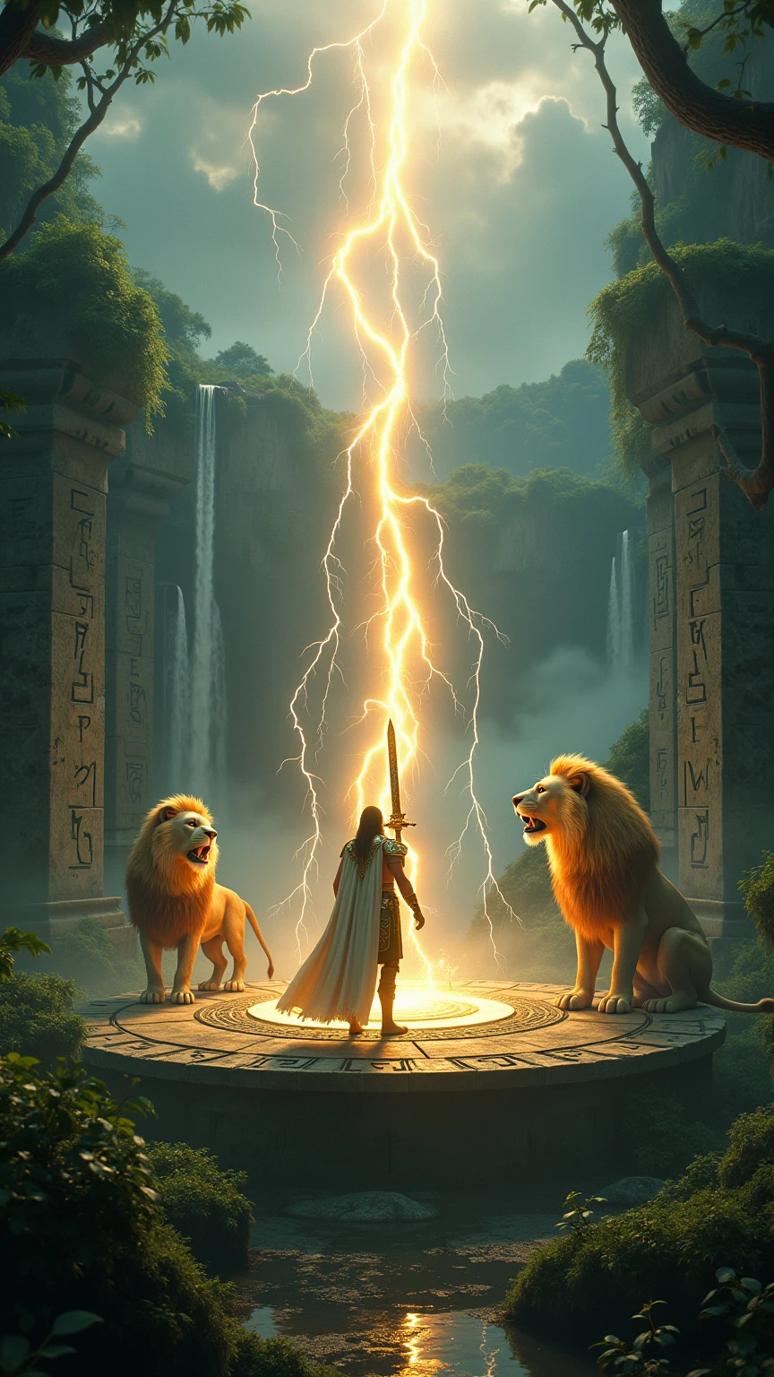 Animate an ultra-realistic, high-fantasy cinematic scene set in the heart of an ancient, overgrown mountain sanctuary hidden deep within a sacred jungle. Massive stone structures carved with forgotten runes rise from the misty forest floor, entwined with glowing vines and bioluminescent flora. Thunder roars above, echoing through the emerald canopy as lightning bolts dance across a violet storm sky.

In the center of a crumbling circular temple surrounded by waterfalls and giant root-pillars, a mighty warrior king stands barefoot atop a moss-covered stone platform that pulses with golden energy. His long hair and regal white-gold cloak whip wildly in the electric wind. His golden armor is covered in glowing cracks, pulsing like veins of light. A radiant sigil on his ????? flickers with divine power — as though his heart is channeling the storm itself.

He grips a massive, rune-inscribed greatsword forged of storm-crystal and lightstone. As he slowly raises the blade skyward, lightning bends and spirals down into it, imbuing it with furious celestial power. With a sudden, fierce cry, he slams the sword downward — the ground trembles, ancient glyphs light up beneath his feet, and golden shockwaves explode outward, scattering leaves and magical particles into the air in slow motion.

From both sides of the platform, animate the arrival of two colossal lions emerging through walls of wind and leaves. One, a lion of thunder, with a mane crackling with raw electric energy, lets out a deep, resonant roar that causes nearby vines to writhe. The other, a lion of light, has a shimmering silver-gold mane that pulses rhythmically with every heartbeat of the jungle. They move with fluid, majestic force — circling the warrior like guardians of prophecy.

The environment breathes: waterfalls surge stronger, the wind whirls with golden pollen, and the sky above parts slightly to reveal rays of divine light breaking through the clouds. The leons turn their gaze skyward and roar in u