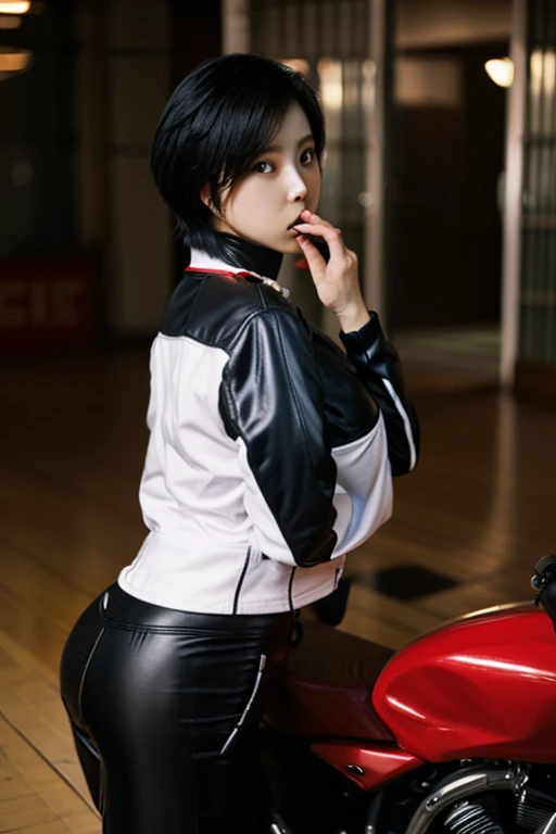 Korean gorgeous woman, perfect face, ((huge breasts:1.3)), ((gigantic breasts:1.3)), (((black mid short hair))), dominatrix, (((red and white leather))), evil soul, sadistic soul, (((sadistic smirk:1.7))), (((show butt:1.3))), (((side view showing butt while looking at camera:1.3))), ((looking at canera)), kim Solen