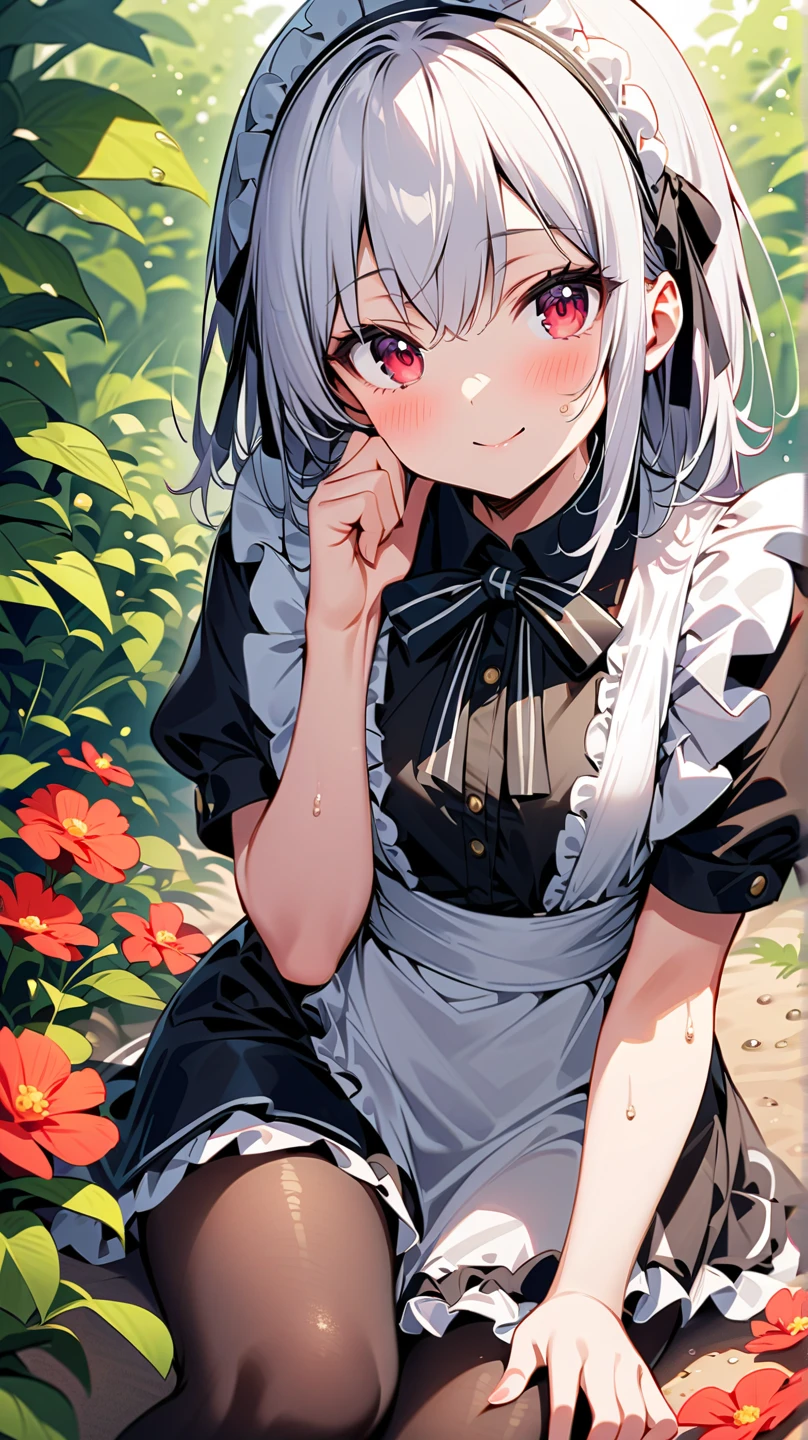 masterpiece, highest quality, Very detailed, 16k, Ultra-high resolution, Cowboy Shot, Detailed face, Perfect Fingers, A -yeld gi Golden Eyes, Silver Hair, short hair, Black maid outfit, Garden of the mansion, (top-down bottom-up:1.5)