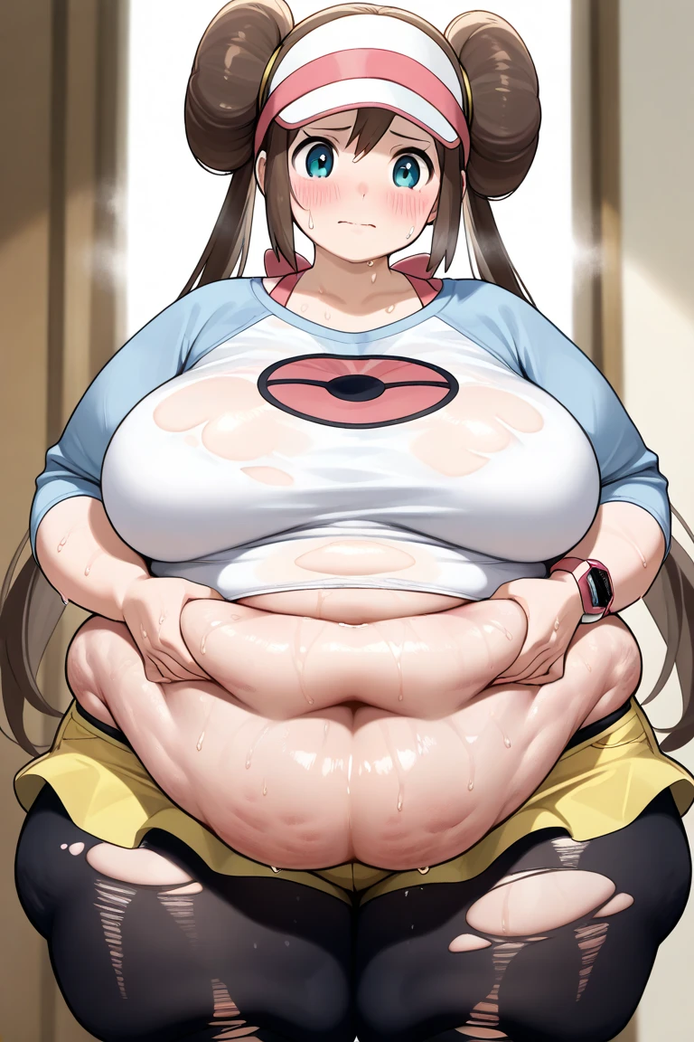 (((kipteitei art))), Masterpiece, high quality, best quality, beautiful, HD, perfect lighting, detailed face, detailed body, ((1girl)), ((solo)), ((tight jeans)), light Brown jeans, small breasts, cleavage, ((((sagging breasts)))), tummy bulge, soft body, bob cut, light brown hair, blushing, embarrassed, annoyed, freckles, light purple eyes, slightly exposed belly, fat, obese, fat belly, (((hotel))), it's bright, ((((big belly)))), ((((big belly)))), (((chubby girl))), (((plump))), fat arms, fat body, small round breasts, sweating, sweat, she's tired, tanned skin, (((very small breasts))), small boobs, flat chest, flat_chest, tiny_breasts, (((flat_chest))), (((tiny_breasts))), blush, light blue hoodie, tight hoodie, white under-shirt, tight white under-shirt, hands on belly, she's squeezing her lovehandles, shes squeezing her belly, pokemon hat