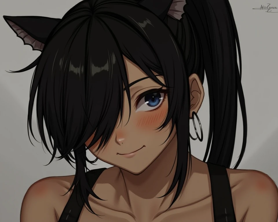 Solo, score_9,score_8_up,score_7_up, kemono style, a young nerdy Anthro furry wolf woman, wolf snout, white furry body, tall, long black messy hair, black hair, hair in a pony tail, hair covering one eye, white wolf tail, blue eyes, white wolf ears, white wolf tail, small breasts, naked, close up, portrait, pouting, side view