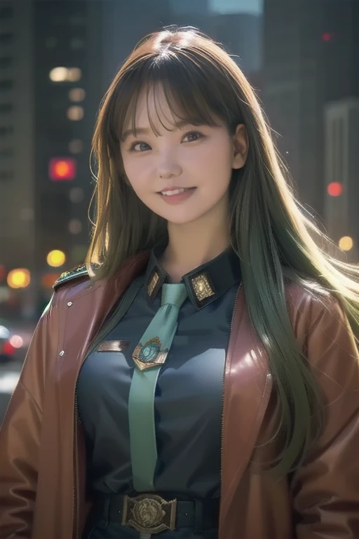 Portrait of a Beautiful Female Model by Nathap., Georgia Fowler,     beautiful face,       long green hair  , Cyberpunk City Afternoon. She is wearing a red long coat.,       jeans negros      ,    dramatic lighting, (Police Badge:1.2)