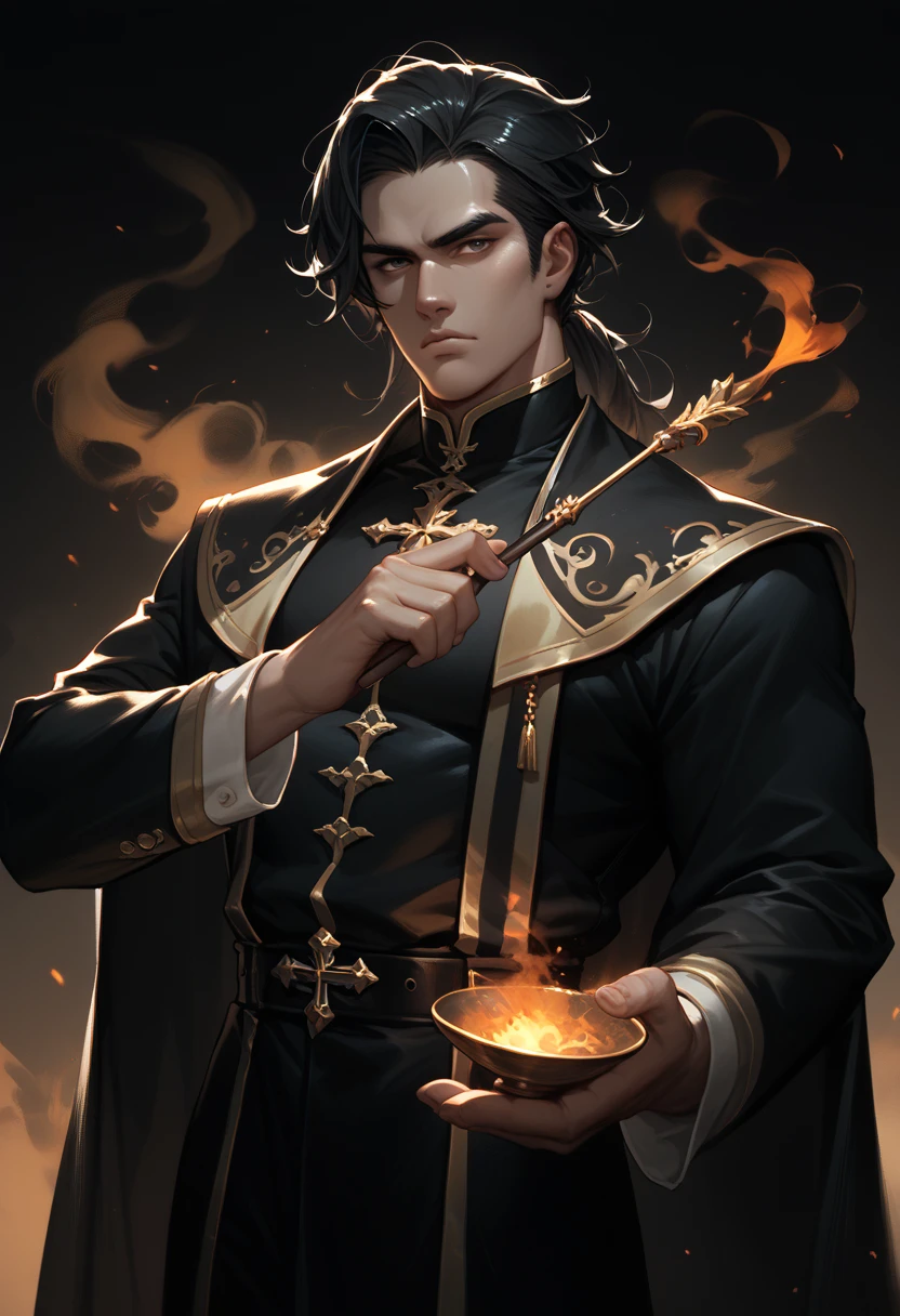 Create an image of Dergan, the eldest brother from the Dravaryn clan, specifically from the Firebreathers clan. Dergan is a 2 human with a slim and toned build, standing at 178 cm tall. He has short, dark brown hair styled in a fashionable manner. His eyes are expressive, with a hint of mystery, reflecting his enigmatic and introspective nature. Dergan wears elegant, flowing robes associated with the Dragon clans, which should be designed to highlight his connection to fire magic. The robes should be ornate and stylish, with elements that evoke flames and heat, such as fiery patterns or accents. His overall aura should be enigmatic with a touch of vulnerability. Dergan's abilities to control and manipulate fire should be evident, perhaps through visual effects such as subtle flames or a glowing aura around him. The style should be webtoon-inspired, with a focus on capturing his K-pop idol reference in a trendy and fashionable manner. Dergan’s personality is loving yet bossy, and he has a strong sense of devotion to his brothers. The image should reflect his introverted and observant nature while also showing his commanding presence and warmth.