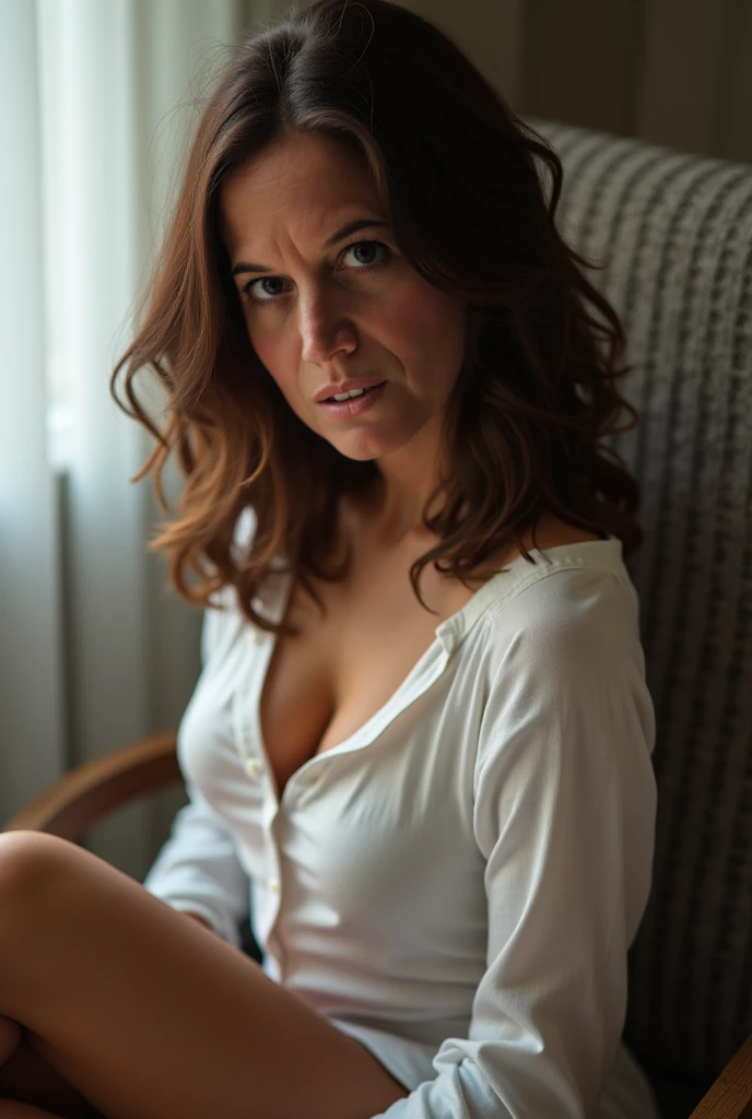 Boudoir portrait of a 45yo american woman, college history professor, cotton underpants, sitting on a stool, (dark private study, dark and moody light:1.2)