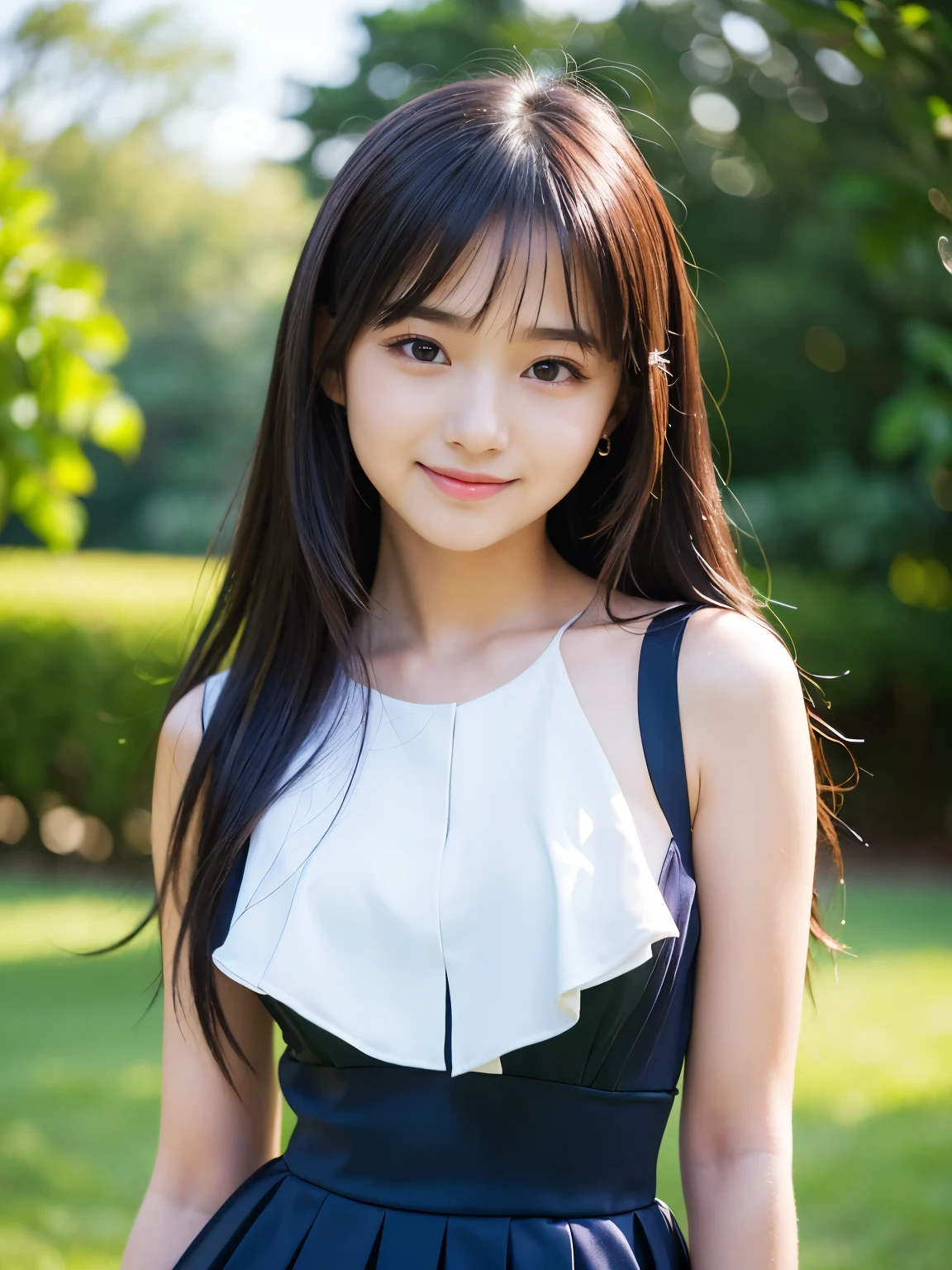 (Best-quality, Masterpiece, Ultra-High-Resolution, (Photorealistic:1.4), Raw Photo, depth of field, professional lighting, perfect anatomy, extremely details), 1girl, 15-years-old, the most famous Japanese idol, (((at flower garden, upturned ass, dynamic pose, dynamic angle))), ((wearing white-extremely-cute-lacy-dress with long-length)), (extremely cute and extremely childish face like the most popular Japanese idol,((extremely cute and extremely big eyes)), extremely beautiful black-long-hair, ((extremely beautiful skins)), extremely cute long-eyelashes, extremely cute lips, extremely cute thighs), ((innocent smile))