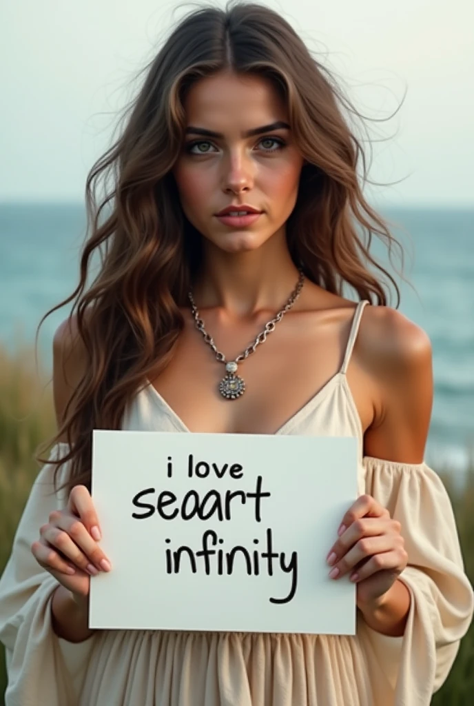 Beautiful girl with wavy long hair, bohemian dress, holding a white board with text "I Love Seaart Infinity" and showing it to the viewer