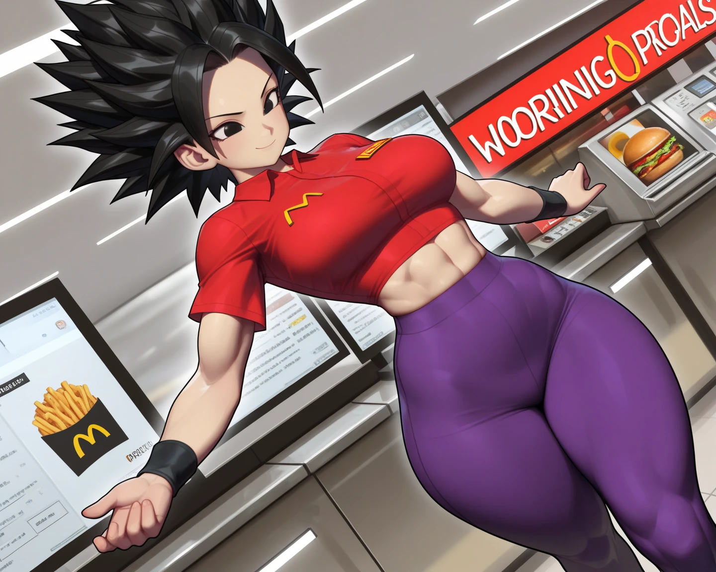fasha, black eyes, short black hair, spiked hair, earrings, monkey tail, saiyan armor, pink leotard, white gloves, bare shoulders, looking at viewer, serious, scowl, standing, medium shot, arms crossed,inside store, aisle, bright lighting, high quality, masterpiece, <lora:DBZ_Fasha_v2:.8>