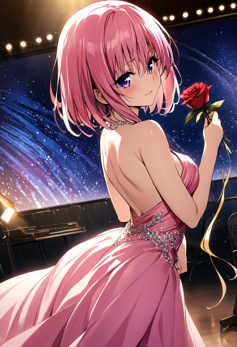 1girl,Momo Belia Deviluke, pink short hair flowing, purple eyes sparkling, elegant evening gown, studio set of starry night sky, dramatic side lighting, holding a rose, professional studio lighting, masterpiece, best quality, absurdres