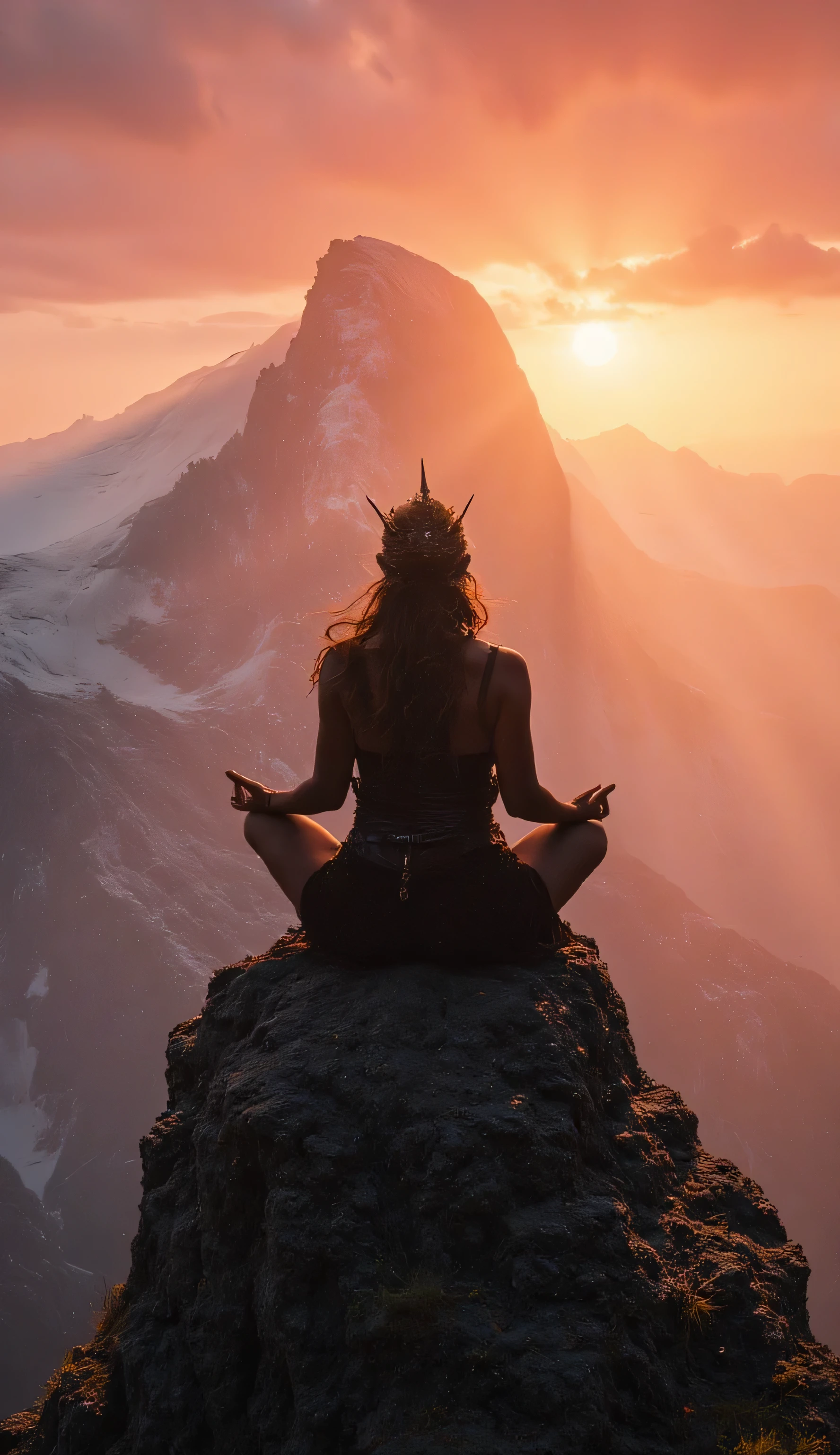 Ultra realistic photography of a ((Nordic woman)), robust, mature, prehistoric, ancient, indomitable, muscular warrior dressed sensually and rustically, the warrior meditates on the summit of a pointed mountain, Background: Fairytale environment, sunset in the background, Activity: Meditating, Image quality: Impressive details, Emotional state: Fullness, Energy: High, Size: Large, Structure: Structured, Vibe: Epic, romantic, Camera angle: Dynamic angle, Camera angle position: View from far below, Lens configuration: 50m lens, Light type: Intense backlight
