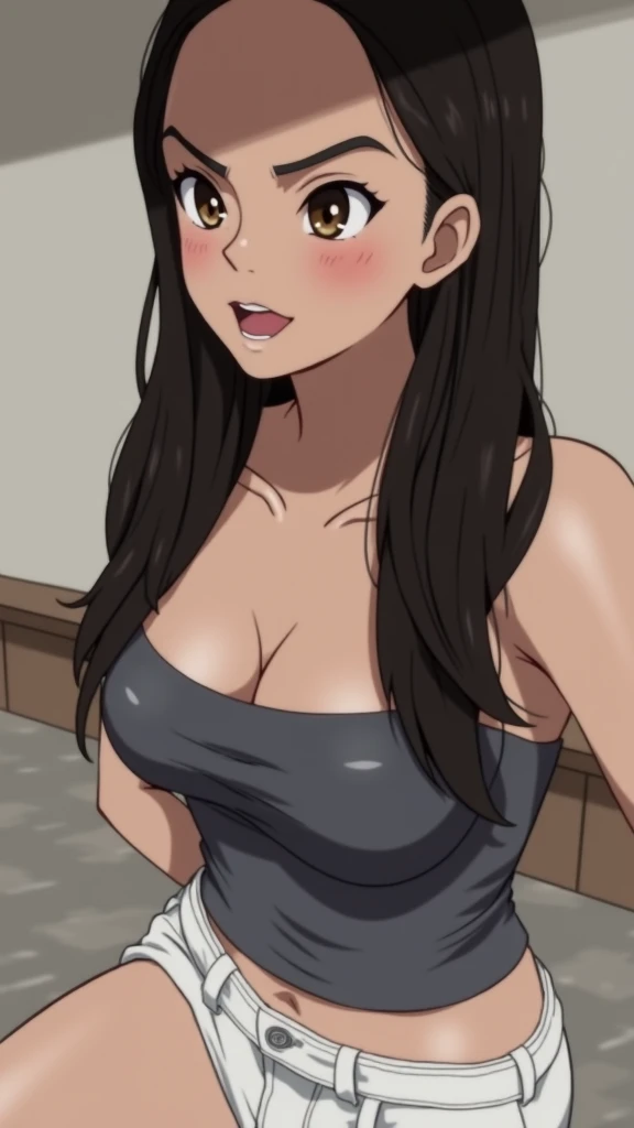 jeongdef, brown hair, brown eyes, long hair
bare shoulders, tiles, breasts, mature female, tile wall, sleeveless, large breasts, sleeveless shirt, smile, 1girl, bangs, closed mouth, turtleneck, skirt, leaning forward, shirt, indoors, sweater, sleeveless sweater, solo, black skirt
masterpiece, best quality