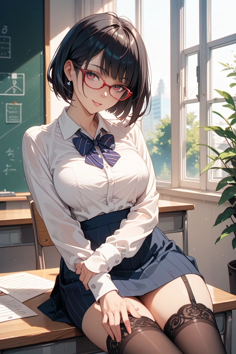 (Beautiful 18 year old Japanese woman), Cute Face, blazer,Ribbon tie,Checkered Skirt, Glasses,tiny socks,sneakers,(Deeply chiseled face:0.7), (freckles:0.6), Soft Light,Healthy white skin, Black Hair,Bobcut, (), (Sparkling eyes), thin,　full body shot,Very large breasts,,classroom