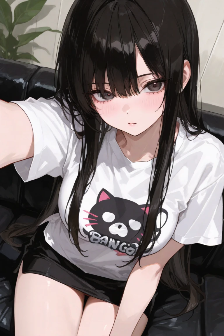 ollarbone,black t-shirt,off-shoulder look,bare shoulder,midriff peek,micro shorts,open mouth,tongue out,cum on tongue,Black sofa,sit,Selfie,looking ahead,from above,flont view,cowboy shot,(1girl,Beautiful 14 year old girl),((Slender,Small breasts,Small face,)),looking at viewer,Black Hair,bangs,one side up,Beautiful and detailed,Mischievous smile,Dimly lit room,Simple Background,Black background,Low lighting
