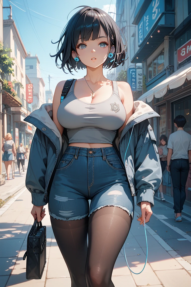 ((masterpiece,Highest quality:1.3,best quality illustration)),(realistic:1.2)、cowboy shot,独奏,1woman,(Mature Beauty),black hair,(very short bob hair),bangs,black eyes,(gorgeous big eyes),(very small head),blush,(very long body,skinny,slender body,tan skin),small breasts,gleaming skin,oily skin,(((Navy blue baseball jacket)))、denim micro shorts,White tank top,on street,New York City、