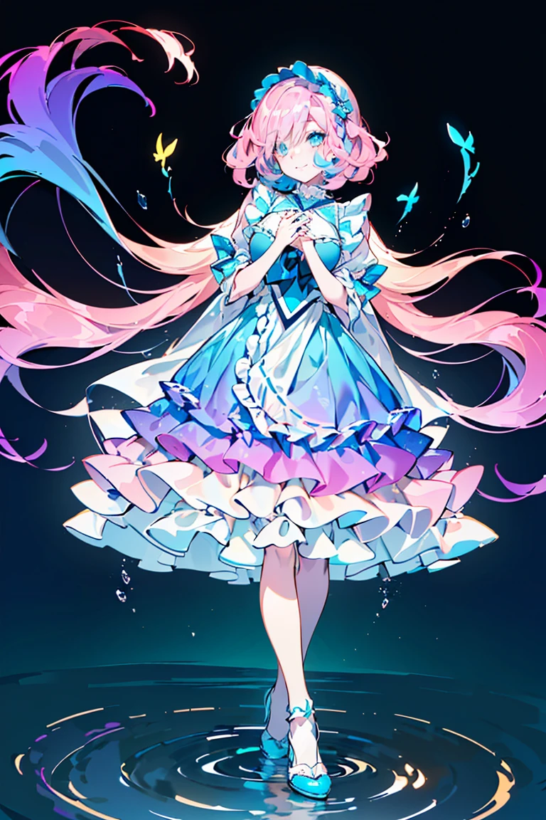 Large Breasts、Cleavage、smile、 glowing gemstones.the royal palace.Princess.A charming smile、Glittering decoration、Shimmering decoration、tiarra、Shines、kirakira、Pedras preciosas、((High contrast RGB effect, LED effect, Kaleidoscope effect, Shining Effect, Ripple Effect, Glitter RGB effect))(((masterpiece))),((ultra detailed,best quality, highres, 8k wallpaper, beautiful Clothes,)),fullbody,fullbodyshot (1 girl)((pink hair, long hair,straight hair,two side up)) (green eyes),eyeshadow, eyeliner,glow eyes, hyper detailed eyes, intricate eyes, beautiful eyes, ((glowing pink pupils))18-year-old girl. whitebackground、(PastelColors:0.3)、(Cute illustration:0.3)、(watercolor paiting:0.5)、