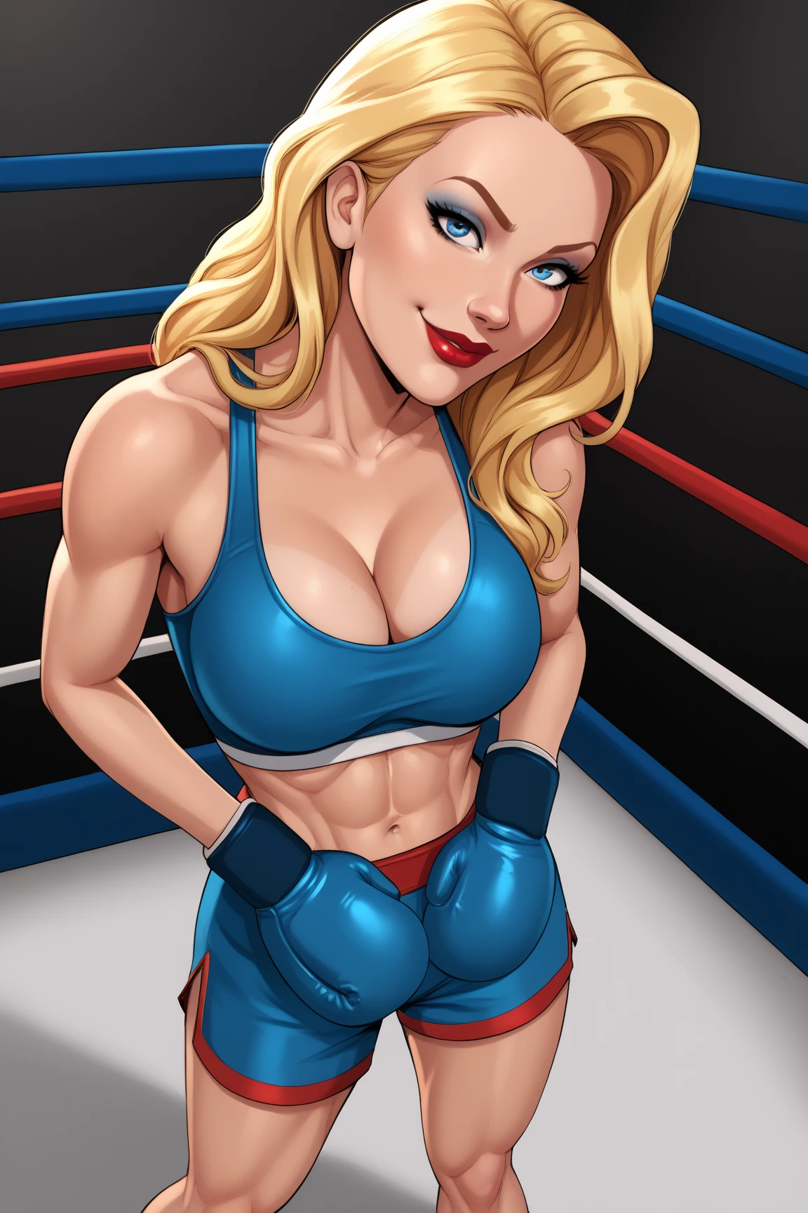 A slim beautiful girl,detailed picture, Arrogant expression, Arrogant smile, Light long hair, Wearing sexy lingerie, Wearing knee socks, Wearing boxing gloves, Standing alone in the boxing ring in a calm posture,,Cleavage,