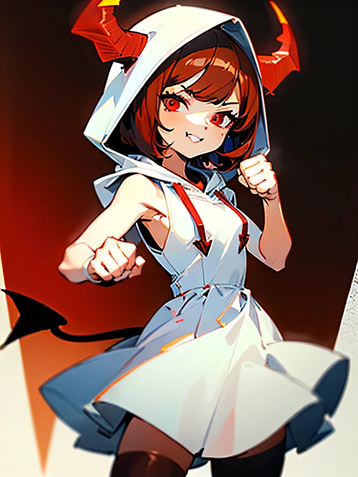 Furry girl, young, cat, pink cheeks, brown hair, short rect hair, rect bangs, white body fur, two color eyes, red and blue eyes, detailed body fur, detailed body, detailed face, detailed eyes, skinny, high quality, masterpiece, glistering body, shiny body, blue and red jester hat, blue and red jester clothes, jester shorts, small jester top, jester short jacket, jester gloves, black eye shadows, in circus, :3, standing,