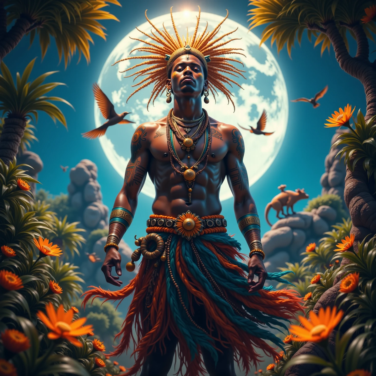 (Extremely detailed 8K wallpaper), Create a realistic image of the Brazilian indigenous spirit Yorixiriamori, a benevolent being from Tupi mythology. He must be represented as a wise and just figure, with an expression of peace and compassion, human body,  indigenous clothing. He must be surrounded by natural elements, como flores, trees and animals, that symbolize fertility and abundance. No fundo, include a Brazilian tropical landscape, with a blue sky and radiant sun. Use vibrant colors and intricate details to bring the image, with realistic textures and lighting. He must emanate a sense of calm and serenity." , ((high detail)), Best Quality, Anatomically correct, viewed from below, costume with depth of field,   Awarded multiple times  , Ultra HD, costume with depth of field, cinematic lighting, 
