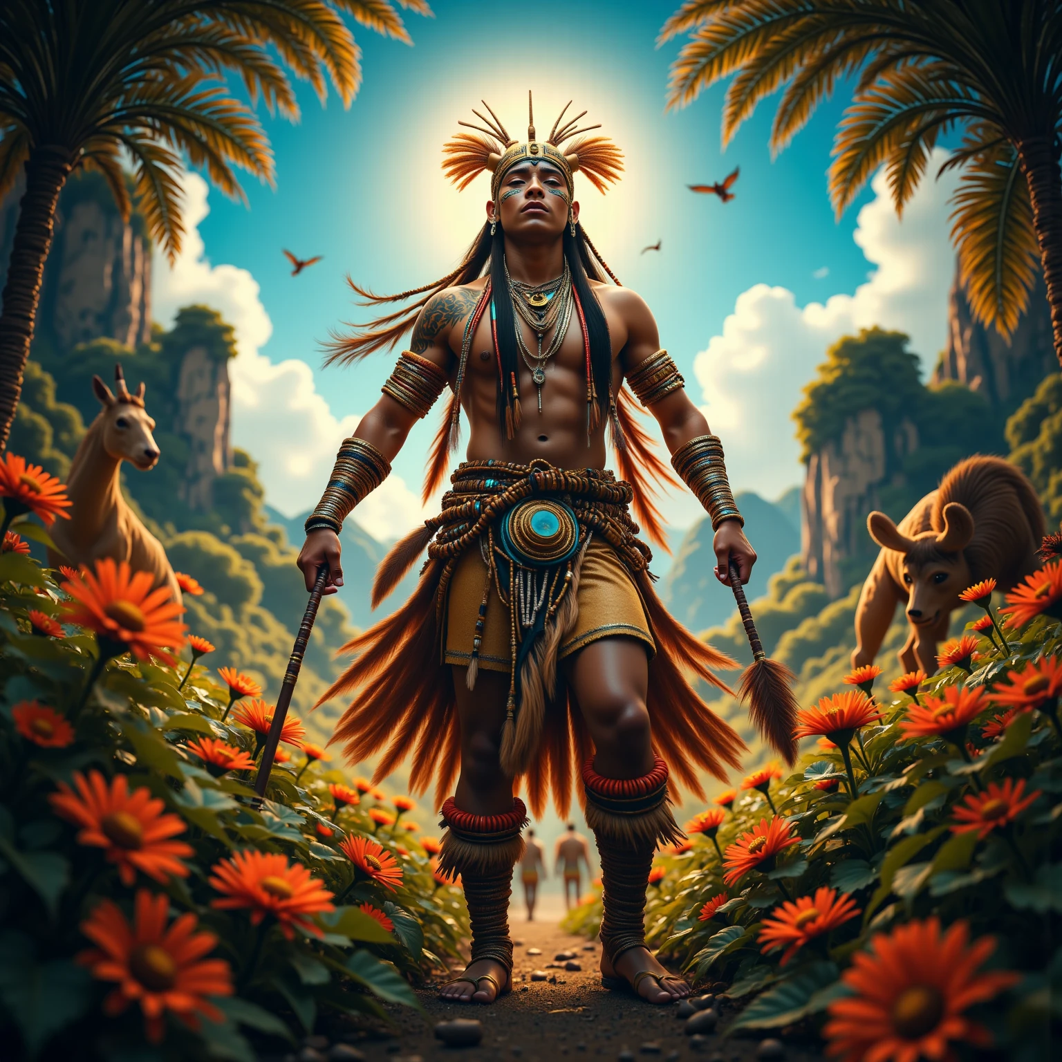 (Extremely detailed 8K wallpaper), Create a realistic image of the Brazilian indigenous spirit Yorixiriamori, a benevolent being from Tupi mythology. He must be represented as a wise and just figure, with an expression of peace and compassion, human body,  indigenous clothing. He must be surrounded by natural elements, como flores, trees and animals, that symbolize fertility and abundance. No fundo, include a Brazilian tropical landscape, with a blue sky and radiant sun. Use vibrant colors and intricate details to bring the image, with realistic textures and lighting. He must emanate a sense of calm and serenity." , ((high detail)), Best Quality, Anatomically correct, viewed from below, costume with depth of field,   Awarded multiple times  , Ultra HD, costume with depth of field, cinematic lighting, 