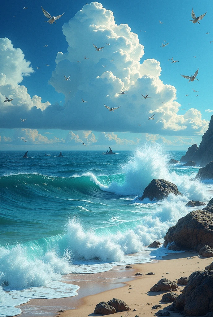 anime swarm of water pixies flying above a sandbar, crashing waves, shark fins in distant water, intricate detailed fantasy scene, highly detailed, cinematic lighting, lush vivid colors, dramatic atmosphere, epic dramatic scale, photorealistic, 8k, hyper realistic, professional digital art, masterpiece