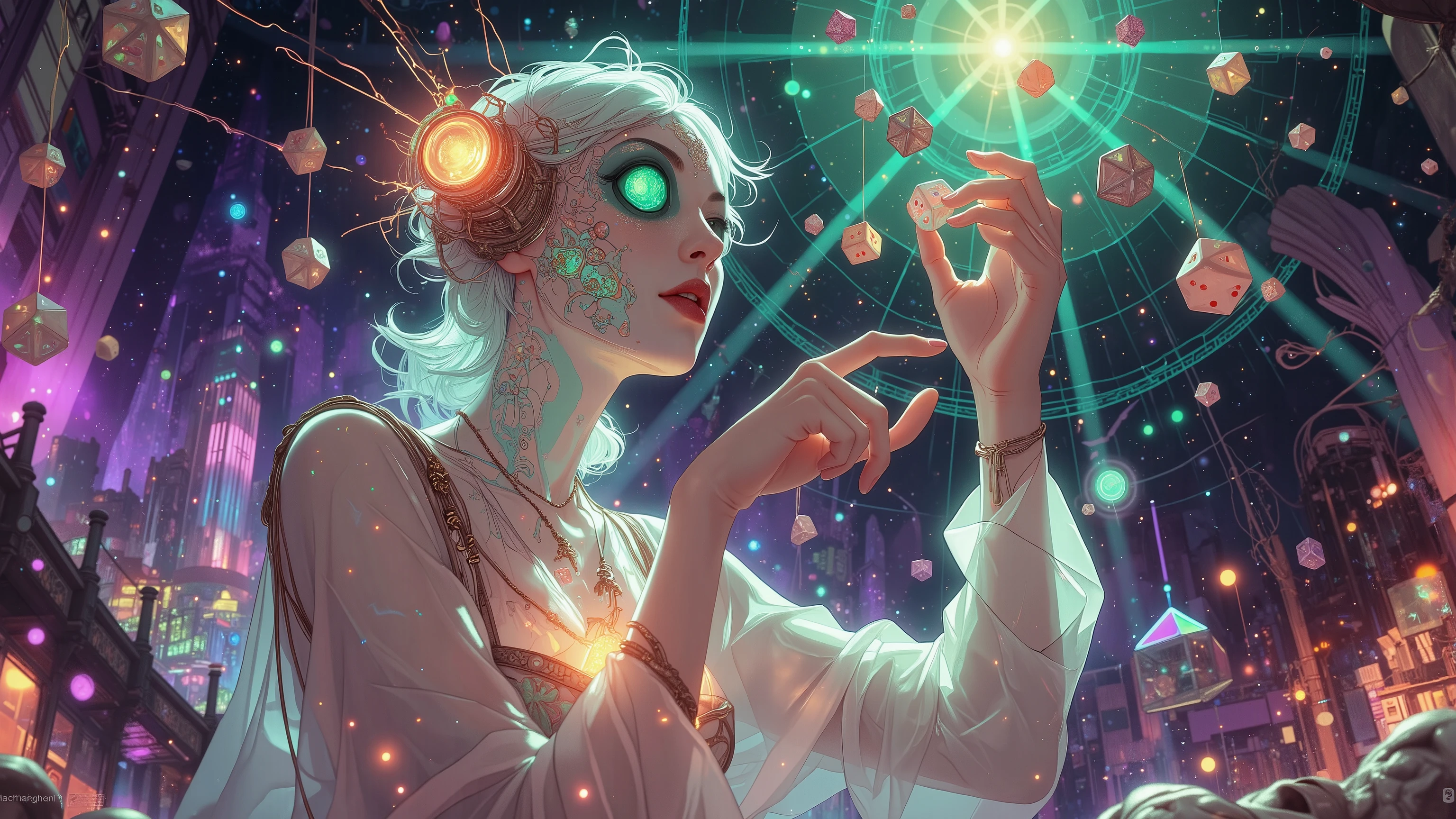 A mystifying abstraction unfolds: a celestial being, ethereal and translucent, grasps a set of dice in a gesture of whimsical experimentation. Against a kaleidoscopic backdrop of purple cosmic skies infused with emerald greens and fiery reds, the scene is bathed in an otherworldly light. The composition's geometric harmony is juxtaposed against the chaos of rolling dice, as if the very fabric of reality is being manipulated. In stunning 16k resolution, UHD clarity, and HDR vibrancy, this surreal masterpiece transcends dimensions, beckoning the viewer to enter its dreamlike realm.