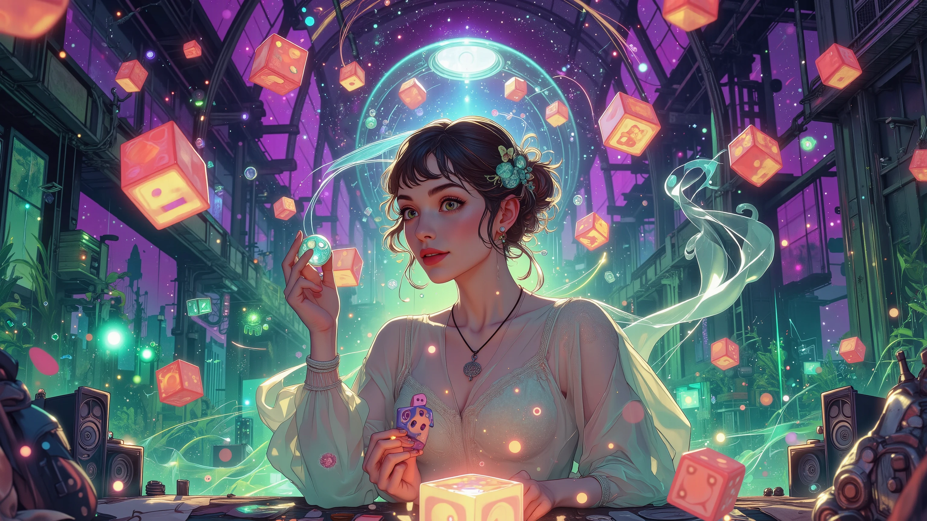 A mystifying abstraction unfolds: a celestial being, ethereal and translucent, grasps a set of dice in a gesture of whimsical experimentation. Against a kaleidoscopic backdrop of purple cosmic skies infused with emerald greens and fiery reds, the scene is bathed in an otherworldly light. The composition's geometric harmony is juxtaposed against the chaos of rolling dice, as if the very fabric of reality is being manipulated. In stunning 16k resolution, UHD clarity, and HDR vibrancy, this surreal masterpiece transcends dimensions, beckoning the viewer to enter its dreamlike realm.