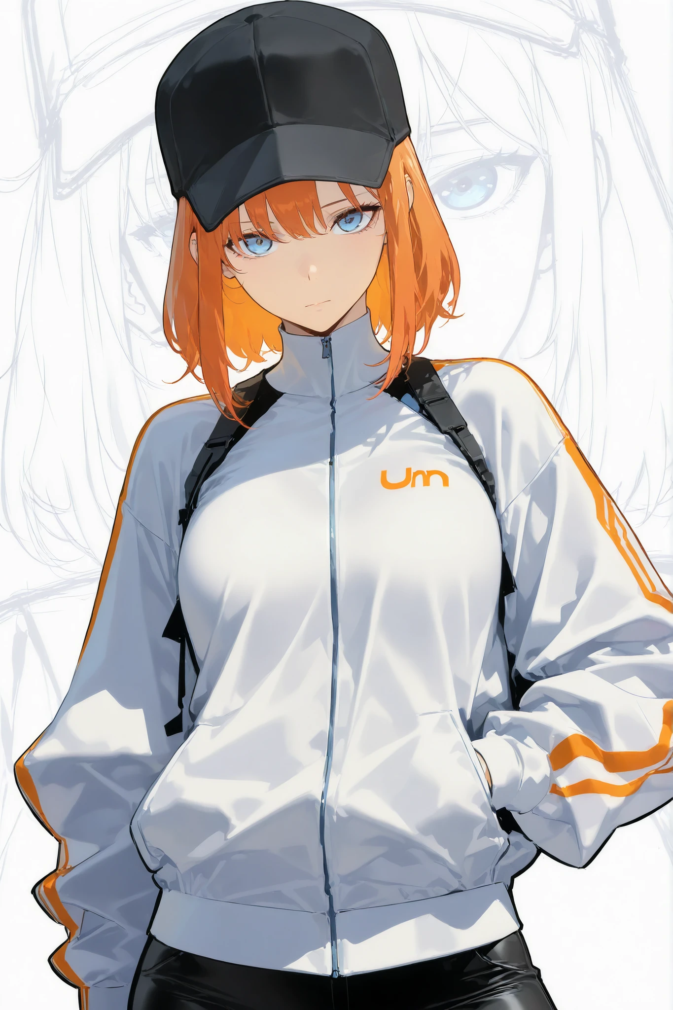 Athletic woman in futuristic fantasy clothes, orange hair , black cap, blue eyes, tight white jacket, black pant, intricate pencil sketch, expressive, un-zoom, highly detailed, white background, looking down at viewer