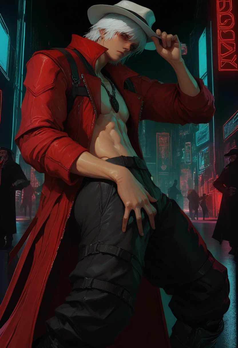 (ultra detailed, master piece, realistic"), 2 people, 1 male werewolf ripped shorts and 1 male vampire lord torn elegant clothes, werewolf holding the head of the vampire lord who is lying on the ground knocked out, stone street, strong spotlight illuminating location, blood spread over the body and on the floor