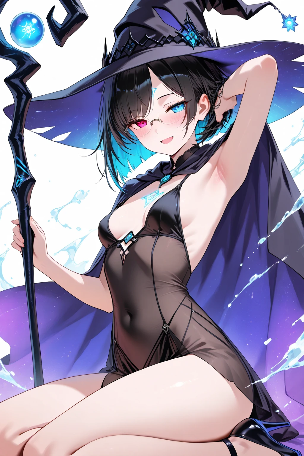 ((🧙‍♀️)), (black hat),{{{{Masterpiece}}}}, {{{Very detailed}}}, {{{High resolution}}}, {{Excellent anatomy}}, (((Top quality))), ((( very delicate and beautiful)), {{very detailed and delicate}}, {{illustration}},Happy magic, magic effects, magic circles, gradations,glowify,1girl, jewelry, 8k, beautiful, darkness, shining brightly, scare, flower,OuterWorldAI,chest,blue hair,short twintails,middle hair,sky blue eyes,
