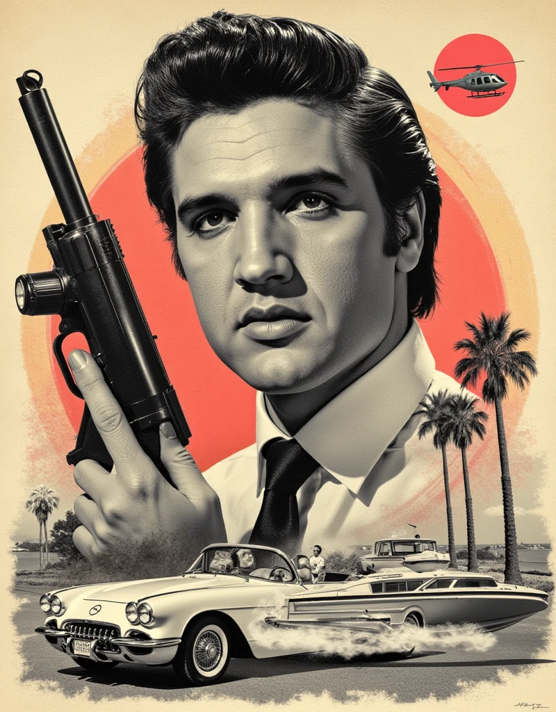 Masterpiece, high resolution, ultra sharp, vintage collage, authentic newspaper scraps, handsome elvis presley close up with a gun prominant on top of poster, (einstein standing near the car), movie poster cinematic, surreal, palm trees, there is a 69 corvette, pastel color, an army helicopter, set up an aesthetic collage, ian fleming inspired, atomic explision, black and white mixed with color, add dollars flying around, dice, showgirls in costume