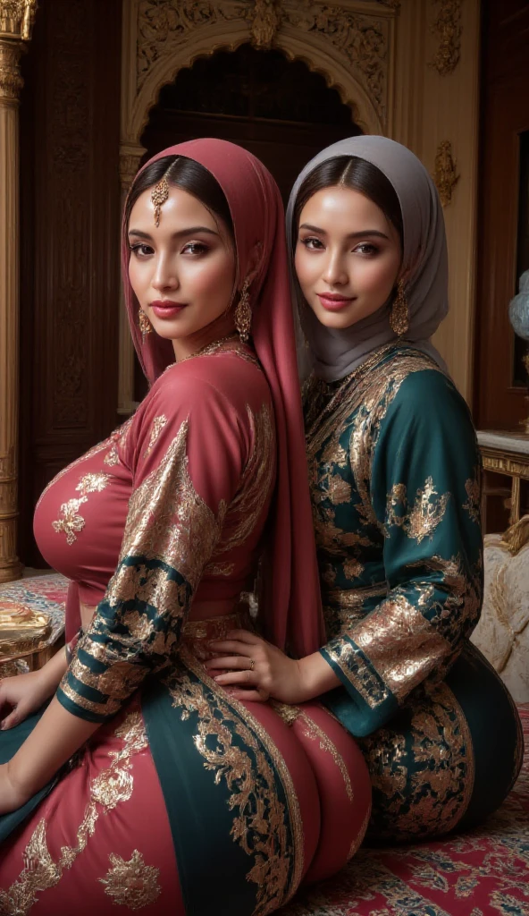 2 Arabic girls on a rainy night,Front lens,Arab palace background ,(Close-up Shot Shot:1.6),best qualtiy,f / 1 HD photography T bokeh,Depth of field macro