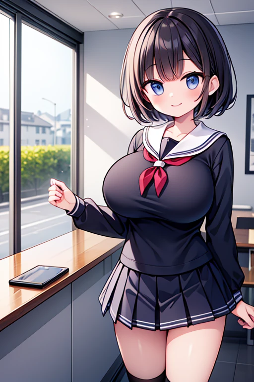((1 female))、NFSW、masterpiece、Highest image quality、ultra high resolution、Elementary school girl with big breasts、red and large eyes,、Black hair medium shorthair、The inside of the hair has blue coloring.、Two red hairpins、In a fashionable café